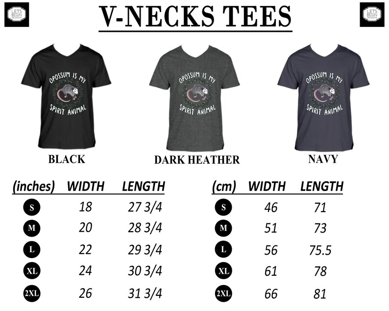 May include: A V-neck t-shirt with a graphic of an opossum and the text "Opossum is my spirit animal". The shirt is available in black, dark heather, and navy. The size chart shows the width and length of the shirt in inches and centimeters.