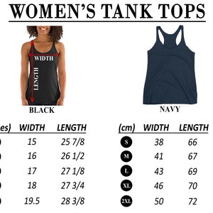 May include: Size chart for women's tank tops in black and navy. The chart shows measurements in inches and centimeters for width and length. Sizes include S, M, L, XL, and 2XL.