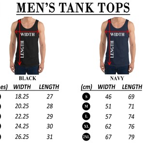 May include: Size chart for tank tops in black and navy. The chart shows measurements in inches and centimeters for width and length. Sizes include S, M, L, XL, and 2XL.