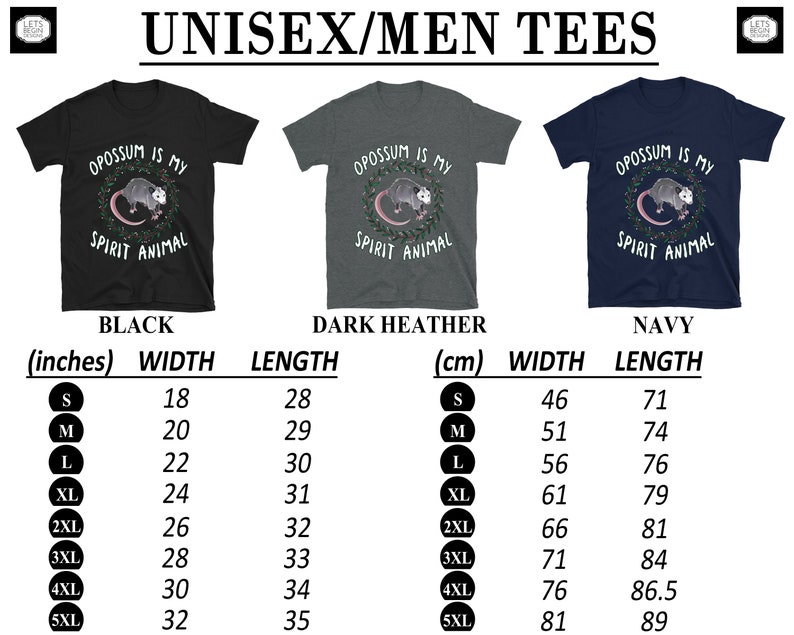 May include: A size chart for unisex t-shirts featuring a possum graphic with the text "Opossum is my spirit animal". The chart shows measurements in inches and centimeters for sizes S through 5XL in black, dark heather, and navy.