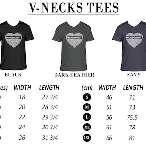 May include: V-neck t-shirt with a heart-shaped design featuring the text "MICROBIOLOGIST" in white. The shirt is available in black, dark heather, and navy. Size chart in inches and centimetres is included.