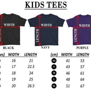 May include: Size chart for kids' t-shirts in black, navy, and purple. The chart shows measurements in inches and centimeters for width and length. Sizes include XS, S, M, L, and XL.
