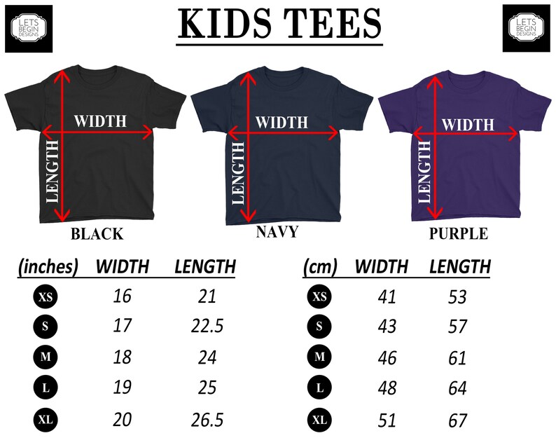 May include: Size chart for kids' t-shirts in black, navy, and purple. The chart shows measurements in inches and centimeters for width and length. Sizes include XS, S, M, L, and XL.