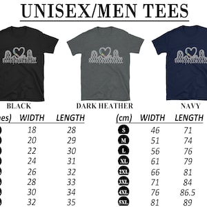 May include: Black, dark heather, and navy unisex tees. Each shirt features a roller coaster design with a heart and rainbow colors. Size chart includes measurements in inches and centimeters for width and length.