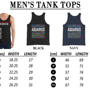 May include: Size chart for tank tops in black and navy blue with the word "Aquarius" printed on the front. The chart shows measurements in inches and centimeters for sizes S, M, L, XL, and 2XL.