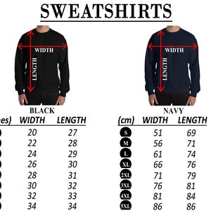 May include: Size chart for sweatshirts in black and navy. The chart shows measurements in inches and centimeters for both width and length. Sizes range from S to 5XL.