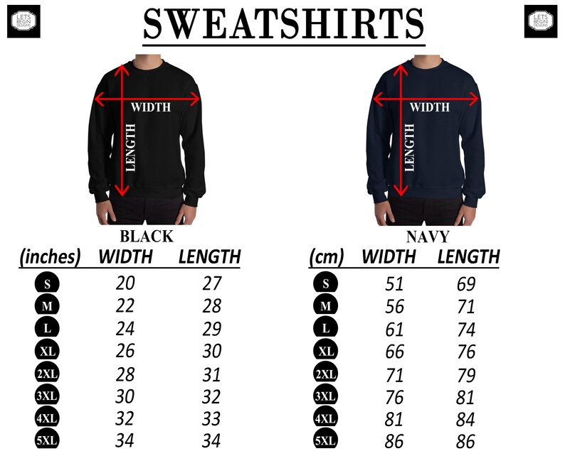 May include: Size chart for sweatshirts in black and navy. The chart shows measurements in inches and centimeters for both width and length. Sizes range from S to 5XL.
