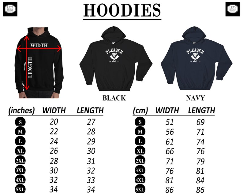 May include: A size chart for hoodies in black and navy blue. The chart shows the width and length measurements in inches and centimeters for sizes S through 5XL.