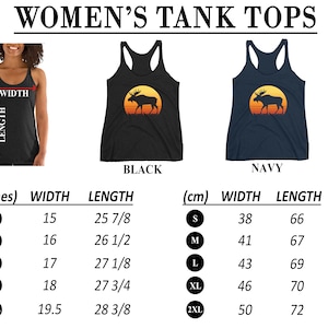 May include: Black and navy tank tops with a moose silhouette design against a sunset background. The image includes size charts in inches, with widths from 15 to 19.5 inches and lengths from 25 7/8 to 28 3/8 inches.