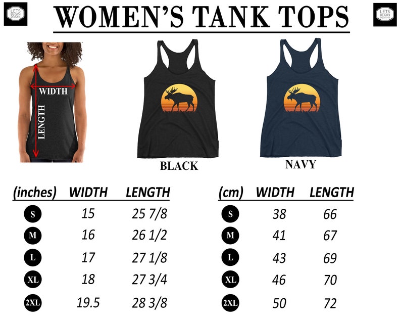 May include: Black and navy tank tops with a moose silhouette design against a sunset background. The image includes size charts in inches, with widths from 15 to 19.5 inches and lengths from 25 7/8 to 28 3/8 inches.