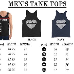 May include: Two tank tops with a heart-shaped design featuring the word "MICROBIOLOGIST" in white text. The tank tops are available in black and navy blue. A size chart is included with measurements in inches and centimetres.