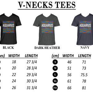 May include: V-neck t-shirts in black, dark heather, and navy blue with the word "AQUARIUS" printed in colorful letters. The size chart shows measurements in inches and centimeters for width and length.