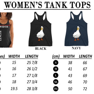 Puede incluir: Una tabla de tallas para camisetas de tirantes para mujer con un gr&aacute;fico de un pato blanco. La tabla muestra las medidas en pulgadas y cent&iacute;metros para las tallas S, M, L, XL y 2XL. Las camisetas de tirantes est&aacute;n disponibles en negro y azul marino.