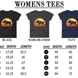 May include: Three t-shirts in black, dark heather, and navy blue, each featuring a moose silhouette against a sunset. The image includes size charts in inches and centimeters, with width and length measurements for each size, from small to 2XL.