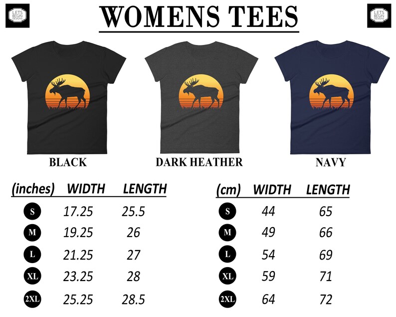 May include: Three t-shirts in black, dark heather, and navy blue, each featuring a moose silhouette against a sunset. The image includes size charts in inches and centimeters, with width and length measurements for each size, from small to 2XL.