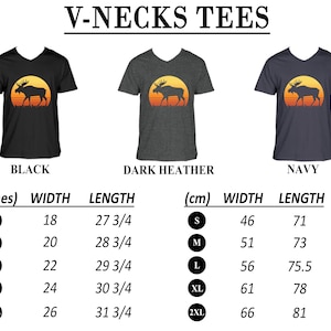 May include: V-neck tees in black, dark heather, and navy, each featuring a moose silhouette against a sunset. Sizes range from S to 2XL, with widths from 18 to 26 inches and lengths from 27 3/4 to 31 3/4 inches.