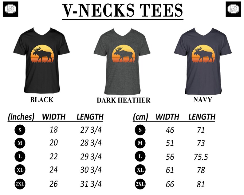 May include: V-neck tees in black, dark heather, and navy, each featuring a moose silhouette against a sunset. Sizes range from S to 2XL, with widths from 18 to 26 inches and lengths from 27 3/4 to 31 3/4 inches.
