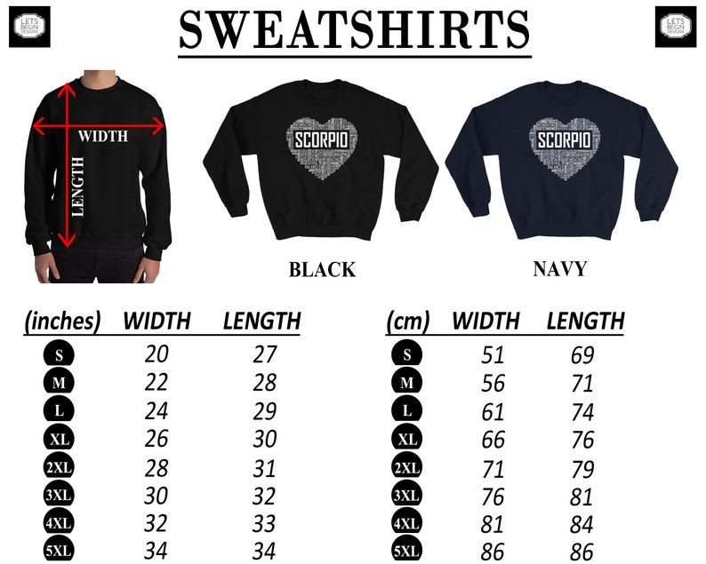 May include: Black and navy blue sweatshirts with a heart-shaped design featuring the word "SCORPIO" in white text. Size chart in inches and centimeters is included.