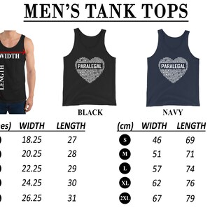 May include: A size chart for tank tops in black and navy blue. The tank tops feature a white heart design with the word "PARALEGAL" spelled out in white letters. The size chart shows measurements in inches and centimetres for sizes S, M, L, XL, and 2XL.