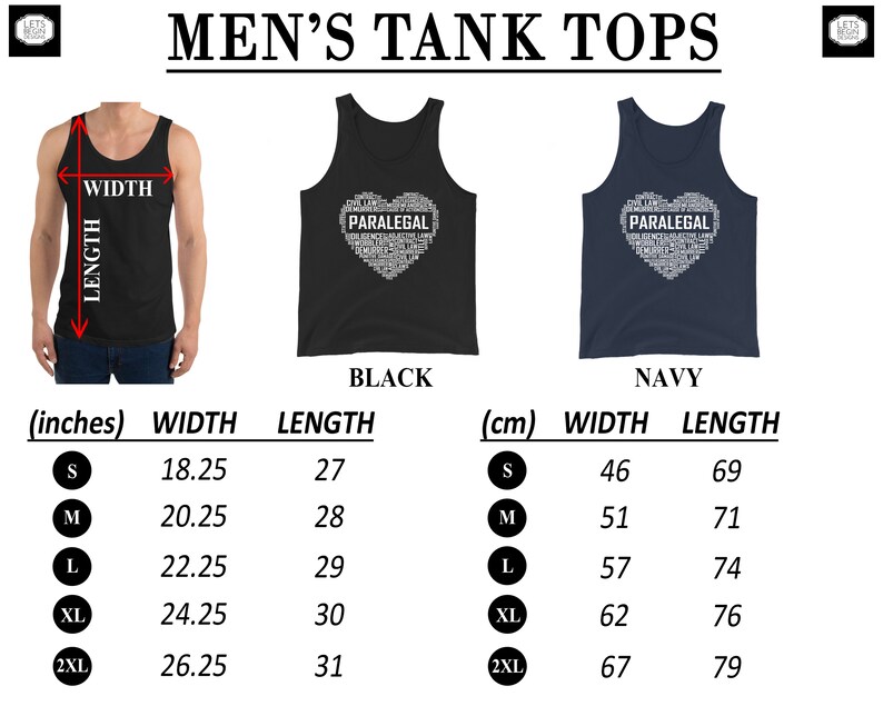 May include: A size chart for tank tops in black and navy blue. The tank tops feature a white heart design with the word "PARALEGAL" spelled out in white letters. The size chart shows measurements in inches and centimetres for sizes S, M, L, XL, and 2XL.