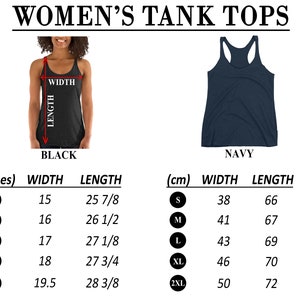 May include: Size chart for women's tank tops in black and navy. The chart shows measurements in inches and centimeters for width and length. Sizes include S, M, L, XL, and 2XL.