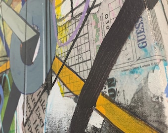 Abstract Mixed Media Collage Art: Connectivity Theme, Geometric Shapes, Bold Colors