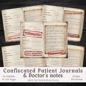 May include: A collection of vintage-style medical patient journals and doctor's notes featuring aged, stained paper with handwritten text, printed dates, patient names, and red ink stamps that read TERMINATED and ISSUE RESOLVED on various pages.