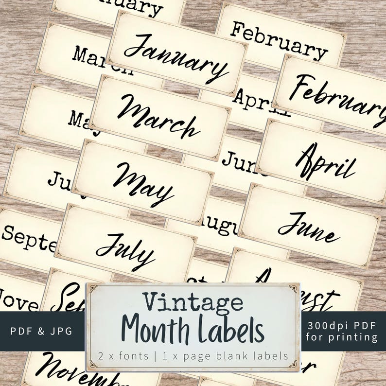 Year Month Label Months of the Year Printable Labels, Vintage Words Fussy Cuts for Junk ...