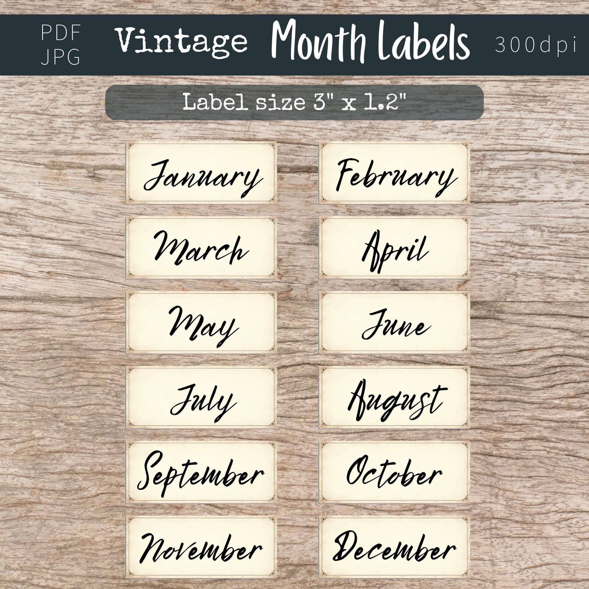 Year Month Label Months of the Year Printable Labels, Vintage Words Fussy Cuts for Junk ...