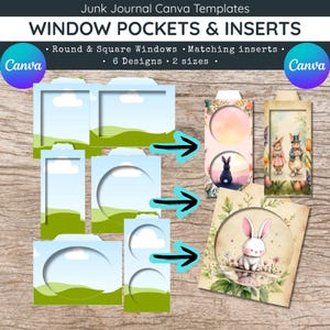 Könnte beinhalten: Canva-Vorlagen für Junk-Journals mit Fenster-Taschen und -Einsätzen. Das Design umfasst runde und quadratische Fenster, passende Einsätze, erhältlich in 6 Designs und 2 Größen. Die Einsätze zeigen Illustrationen von Hasen und Landschaften.