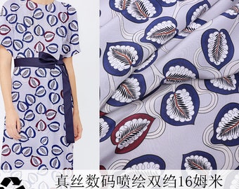 Light Gray Silk Crepe de Chine Fabric With Art Red Blue Leaves Print Fabric Width 44 Inch 16 m/m