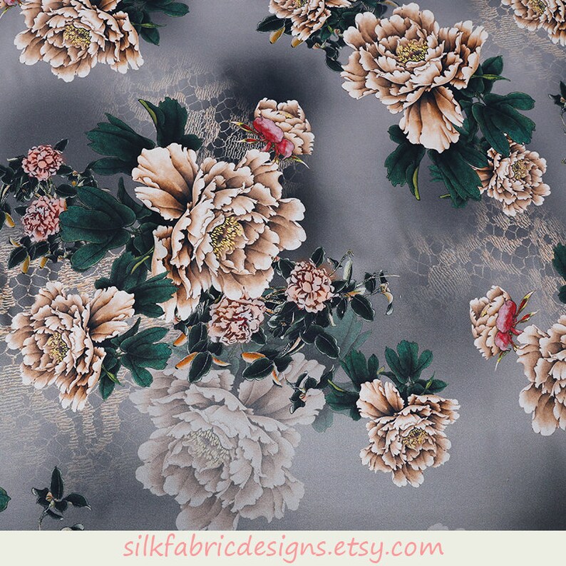 Floral Print Gray 100 Stretch Silk Satin Fabric By the Yard Etsy