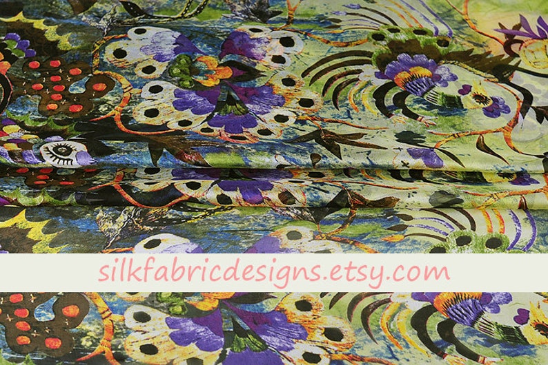 Floral Birds Print Green 100/% Pure Silk Chiffon Fabric By the Yard Width 53 Inch