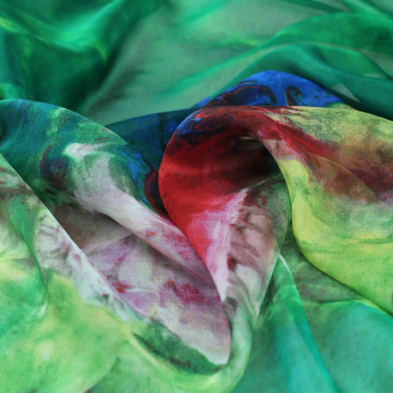 Green 100 Pure Silk Chiffon Fabric With Abstract Print Fabric Etsy