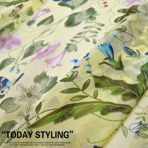 Green 100% Pure Silk Chiffon Fabric With Big Floral Print Fabric By the Yard Width 55 Inch