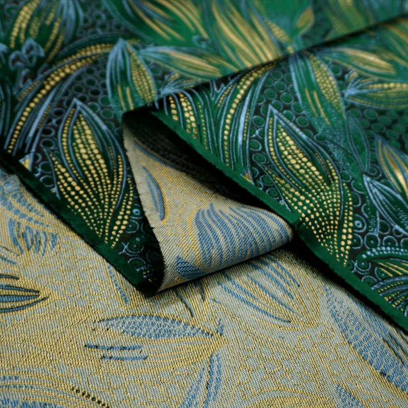 Green Brocade Satin Fabric With lily Floral Print Fabric by meter image 4