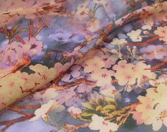 14 m/m Floral Print Purple 100% Silk Linen Blend Fabric Width 55 Inch