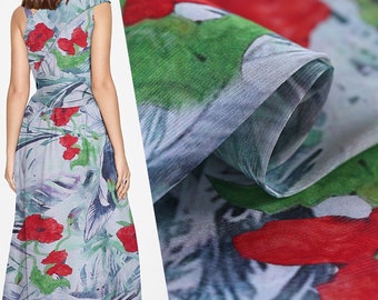 Big Floral Print White 100% Silk Linen Blend Fabric Width 55 Inch