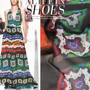 Bohemian Colorful Geometric Print 100% Pure Silk Chiffon Fabric Width 53 Intch 6 m/m