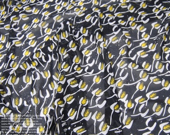 Black 100% Silk Georgette Fabric With Yellow Small Floral Print Fabric By The Yard or Meters