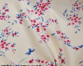 Floral Blue Leaves Print Beige Silk Cotton Blend Fabric By The Yard Width 55 inch