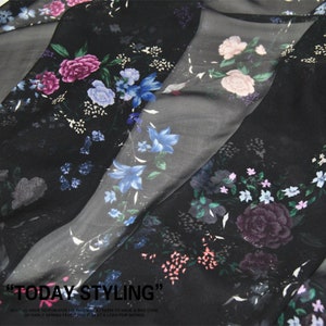 Small Floral Bird Print Black Silk 100% Georgette Fabric By The Yard