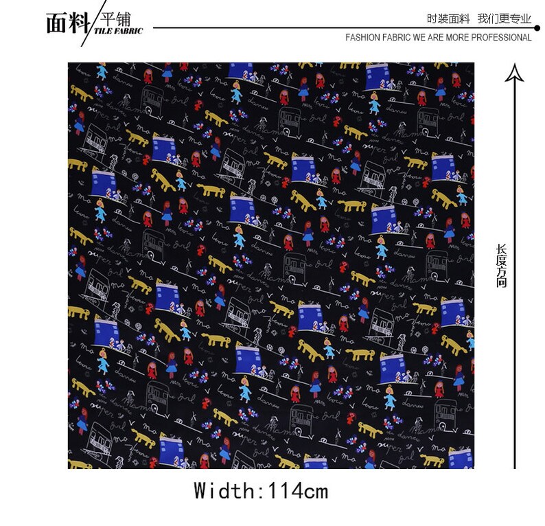 2 Color Black and White Silk Crepe de Chine Fabric Cartoon Character Girl Print Fabric Width 44 Inch