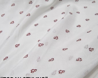 Red Glasses Print White Silk Cotton Blend Satin Fabric For Apparel By The Yard Width 55 inch