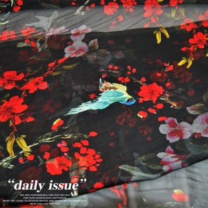 Red Floral Bird Print Black Silk 100% Georgette Fabric Width 53 Inch