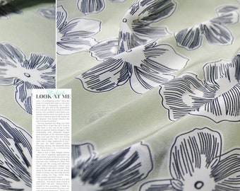 Big Floral Print Light Green 100% Silk Crepe de Chine Fabric Width 55 Inch
