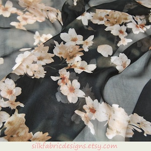 Black Pure Silk Chiffon Fabric With Floral Print Fabric By the Yard