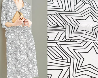 Stars Print White 100% Silk Crepe de Chine Fabric Width 53 Inch 14 m/m