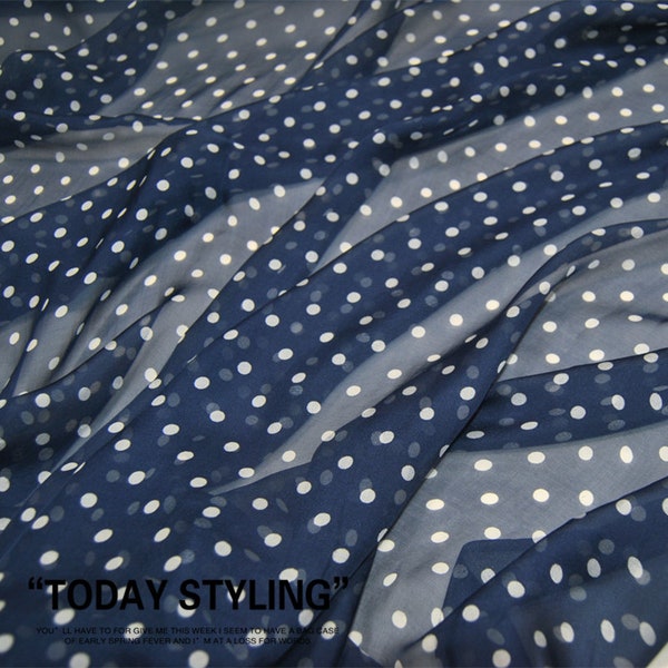 White Dot Print Marine Blue 100% Soie Chiffon Tissu Largeur 55 Pouces