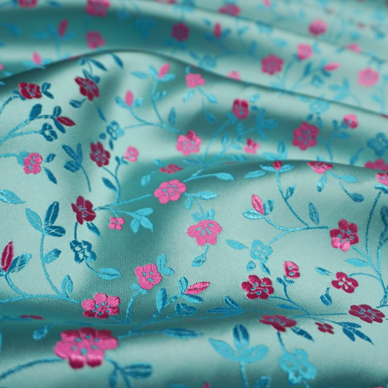 Blue Brocade Satin Fabric Wit Small Floral Print Fabric by - Etsy UK